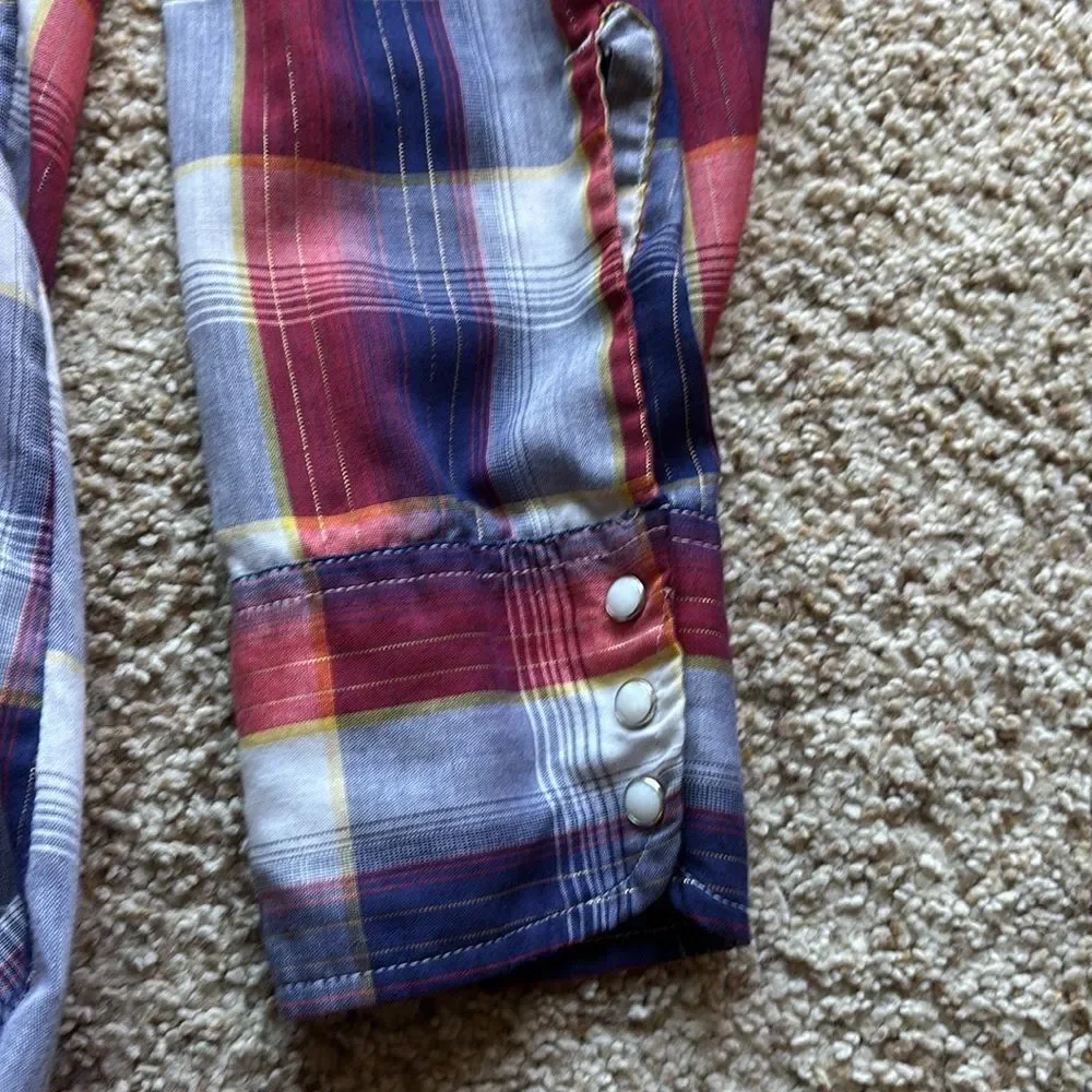VTG 70’s Levi’s Red White Blue Gold Plaid Pearl Snap Western Shirt L